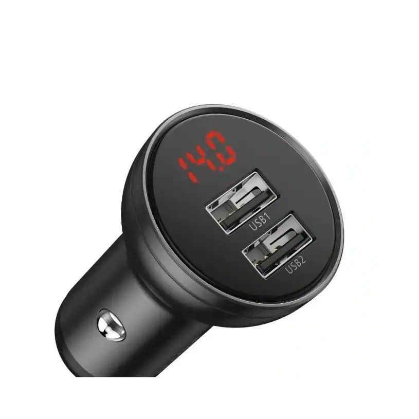 Baseus Digital Display Dual USB 4.8A Зарядно за Кола, 24W с Три Основни Цвята, 2-в-1 Кабел USB 1.2M, черен/сив - Image 2
