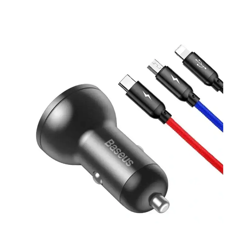 Baseus Digital Display Dual USB 4.8A Зарядно за Кола, 24W с Три Основни Цвята, 2-в-1 Кабел USB 1.2M, черен/сив - Image 3