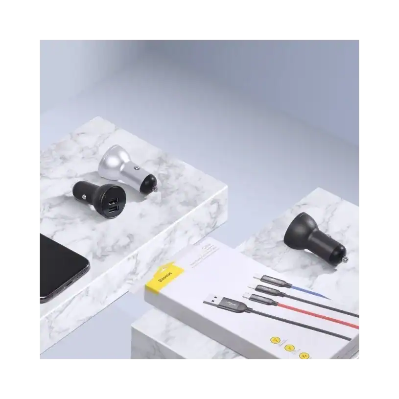 Baseus Digital Display Dual USB 4.8A Зарядно за Кола, 24W с Три Основни Цвята, 2-в-1 Кабел USB 1.2M, черен/сив - Image 5