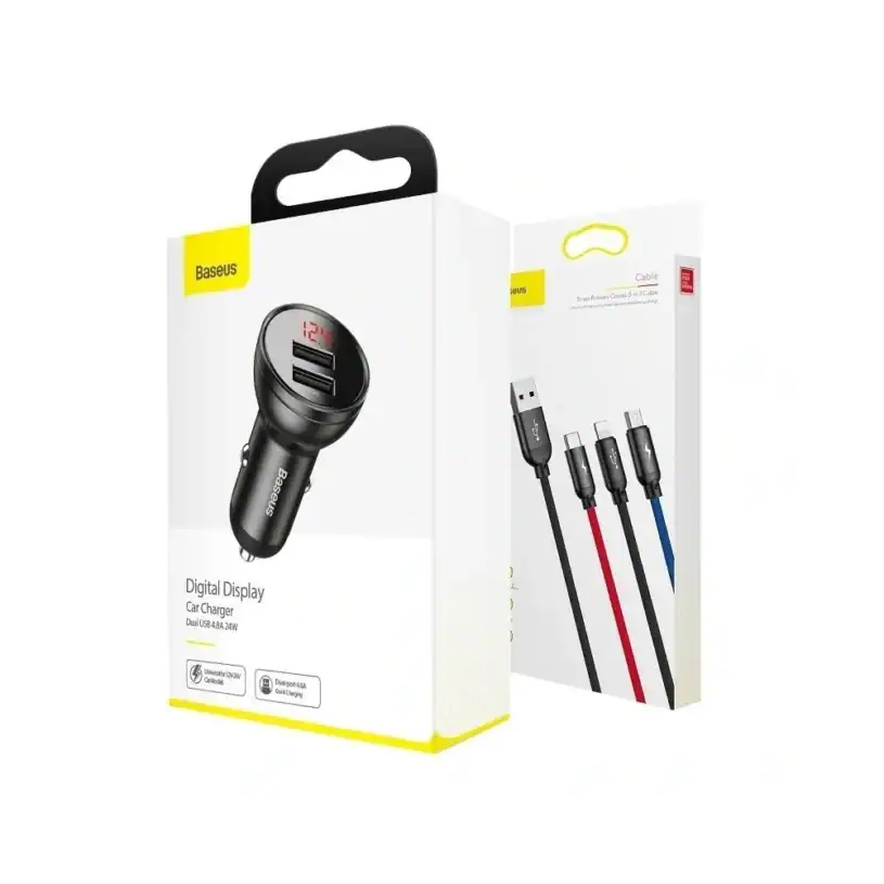 Baseus Digital Display Dual USB 4.8A Зарядно за Кола, 24W с Три Основни Цвята, 2-в-1 Кабел USB 1.2M, черен/сив - Image 6