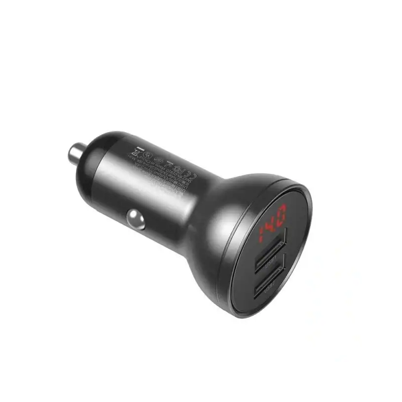 Baseus Digital Display Dual USB 4.8A Зарядно за Кола, 24W с Три Основни Цвята, 2-в-1 Кабел USB 1.2M, черен/сив - Image 7