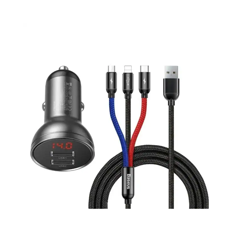 Baseus Digital Display Dual USB 4.8A Зарядно за Кола, 24W с Три Основни Цвята, 2-в-1 Кабел USB 1.2M, черен/сив