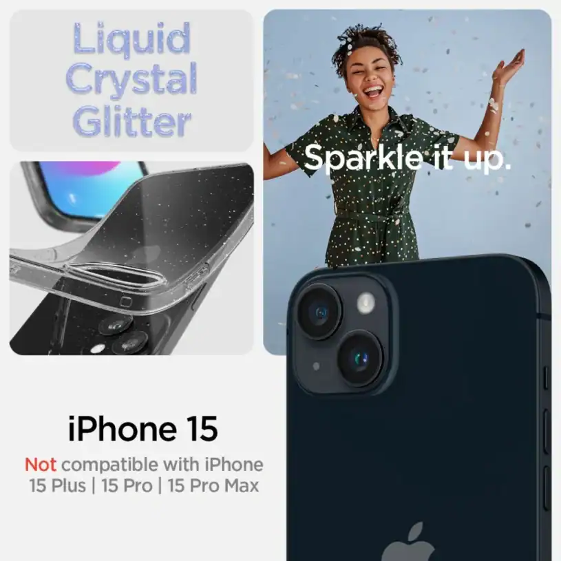 Spigen Liquid Crystal Калъф за Apple iPhone 15, прозрачен с брокат - Image 4